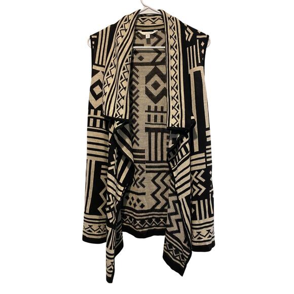 Charming Charlie Open Front Cardigan Vest Medium Black Cream Boho Aztec Tribal - Picture 1 of 5